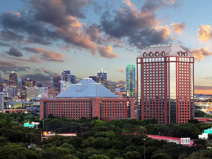 Far off view of the Hilton Anatole Hotel in Dallas, TX