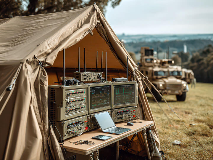 Military communications command post out in the field with essential modern communication systems and a military vehicle in the background