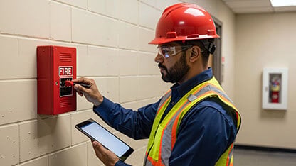 Male safety inspector checking a wall-mounted fire alarm system in a commercial building. Facility maintenance worker in a hard hat and high-visibility vest holding a digital tablet.