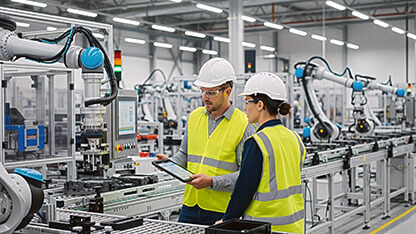 Engineers collaborating on tablet inspect advanced robotics assembly line for modern manufacturing. 