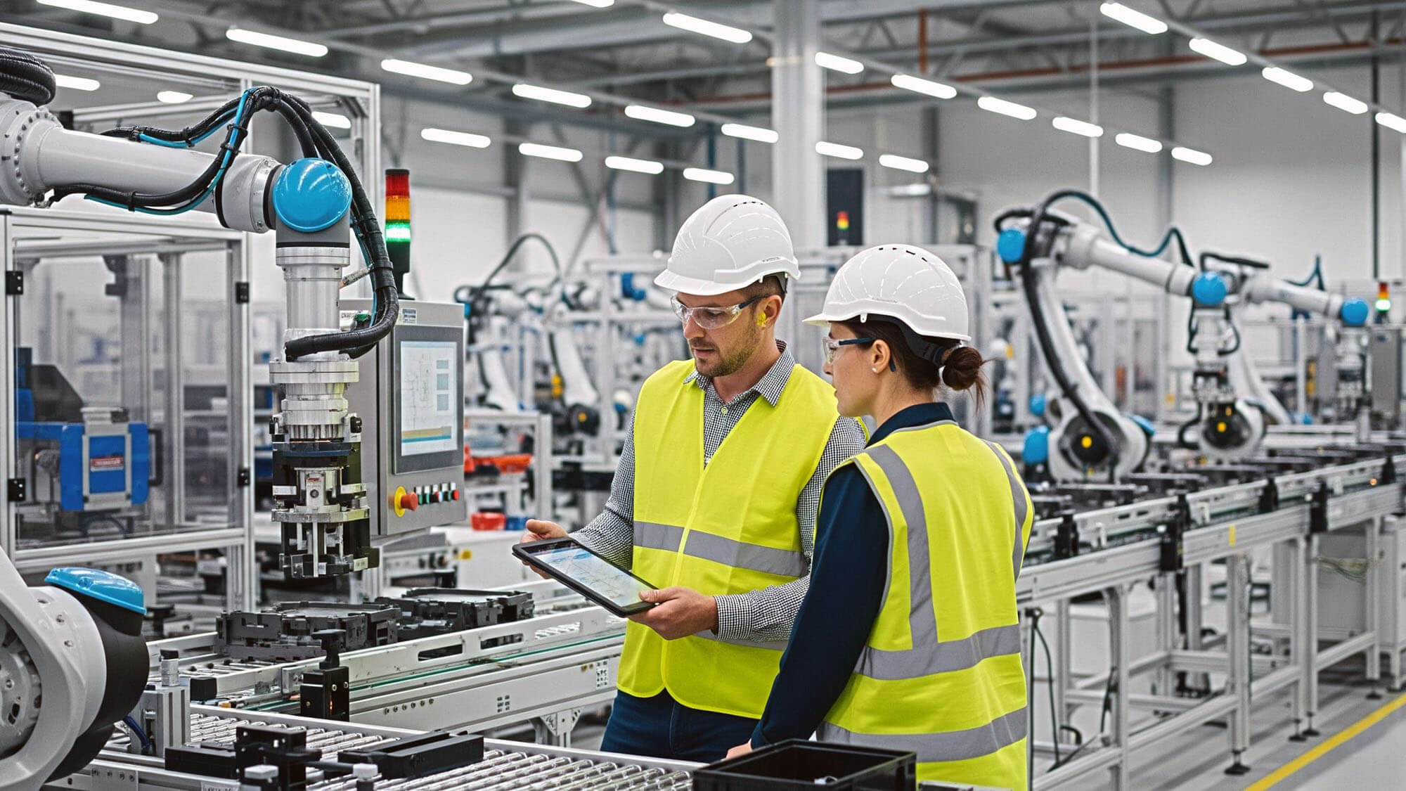 Engineers collaborating on tablet inspect advanced robotics assembly line for modern manufacturing. 